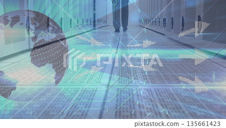 Walking adult male wearing shoes in server racks corridor, with globe and binary code overlays Walking adult male wearing shoes in server racks corridor, with globe and binary code overlays 135661423
