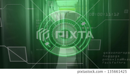 Projecting green HUD with digital code over data center corridor, with server racks, switches 135661425