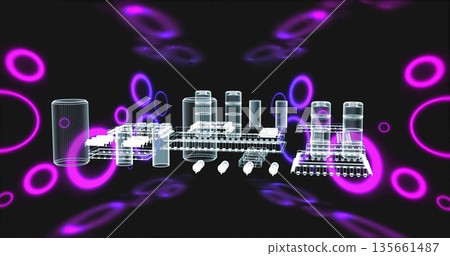 Displaying white wireframe plant with storage tanks and piping in virtual space with purple rings Displaying white wireframe plant with storage tanks and piping in virtual space with purple rings 135661487