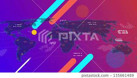 Displaying styled world map on data dashboard with hexagonal clusters and colored diagonal bars 135661489