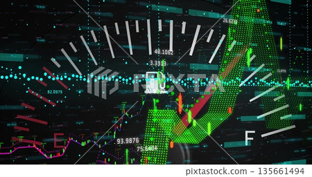 Displaying green upward arrow and gauge on digital dashboard with candlesticks and magenta graph Displaying green upward arrow and gauge on digital dashboard with candlesticks and magenta graph 135661494