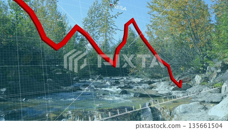 Displaying red line chart arrow trending downward over rocky forest river, with translucent grid 135661504