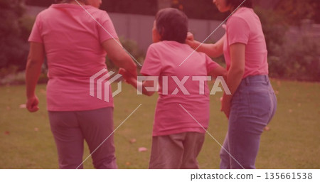 Walking Korean adult women supporting senior woman on backyard lawn, wearing matching pink shirts 135661538