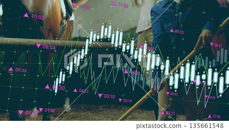 Mother in denim khaki outfit holding pitchfork by horse in stable, with finance overlay, copy space Mother in denim khaki outfit holding pitchfork by horse in stable, with finance overlay, copy space 135661548