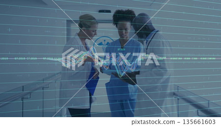 Medical team in scrubs and coats discussing data overlays in hospital corridor, with digital tablet Medical team in scrubs and coats discussing data overlays in hospital corridor, with digital tablet 135661603