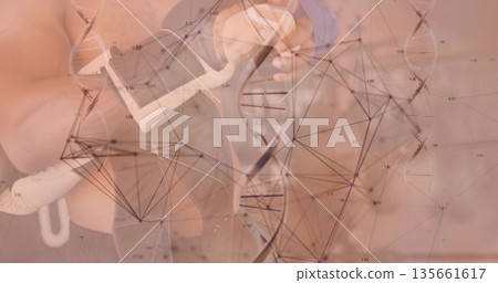 Male in sleeveless top tapping smartphone armband and interacting on interface with virtual DNA 135661617