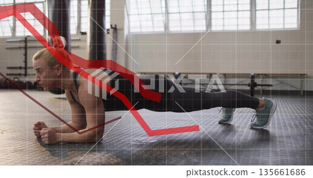 Performing forearm plank female in sportswear on rubber floor, with barbell rack and red line graph Performing forearm plank female in sportswear on rubber floor, with barbell rack and red line graph 135661686