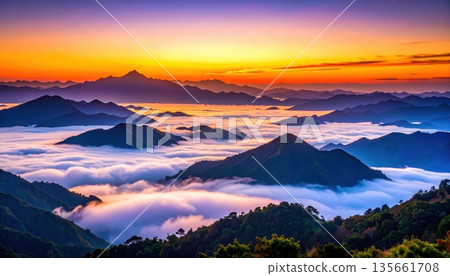 AI Image: Dawn sky and mountains floating in a sea of clouds AI Image: Dawn sky and mountains floating in a sea of clouds 135661708