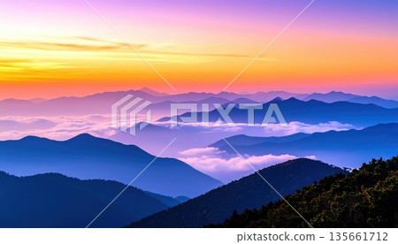 AI Image: Dawn sky and mountains floating in a sea of clouds AI Image: Dawn sky and mountains floating in a sea of clouds 135661712