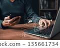 person using a laptop and smartphone with glowing AI generate icons representing creative content such as images, music, video, and ideas, symbolizing innovation in artificial intelligence technology. 135661734