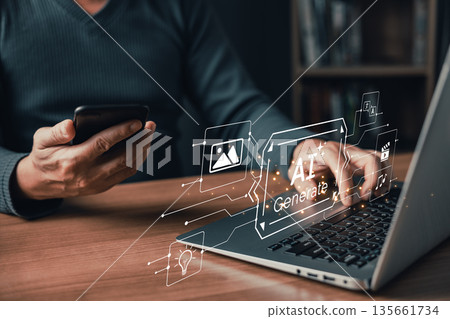person using a laptop and smartphone with glowing AI generate icons representing creative content such as images, music, video, and ideas, symbolizing innovation in artificial intelligence technology. person using a laptop and smartphone with glowing AI generate icons representing creative content such as images, music, video, and ideas, symbolizing innovation in artificial intelligence technology. 135661734