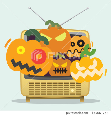 Crazy pumpkins brusting out of the television broadcasting flat design vector illustration. Happy Halloween greeting card template. 135661748