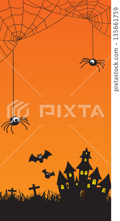 Funny spiders with spider web and bats doodle line childish style on orange background vector illustration have blank space. Happy Halloween greeting card template. 135661759