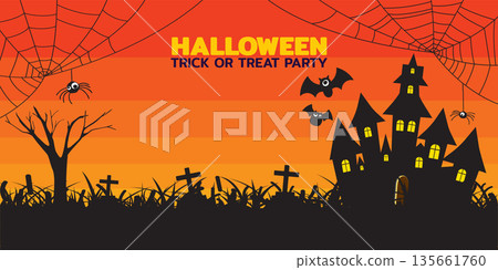 Halloween trick or treat party with spiders, haunted mansion and bats vector illustration have blank space. Happy Halloween greeting card template. 135661760
