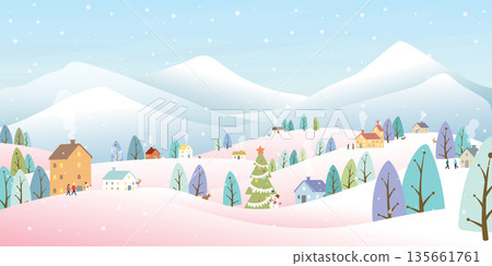 Winter landscape in snowland vector illustration. Merry Christmas and Happy New Year greeting card template. 135661761