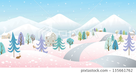 Winter landscape have local road trough small town vector illustration. Merry Christmas and Happy New Year greeting card template. 135661762