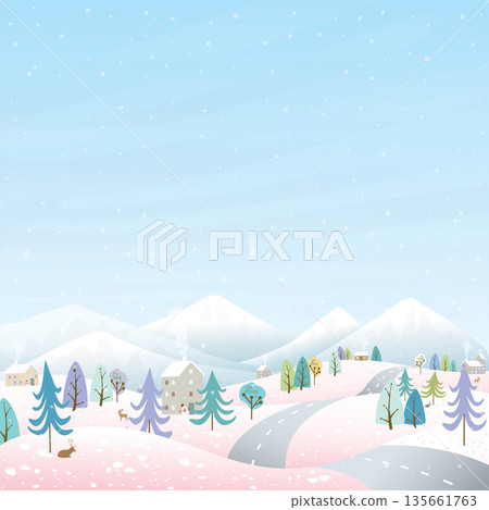 Winter landscape have local road trough small town vector illustration. Merry Christmas and Happy New Year greeting card template have blank space. 135661763