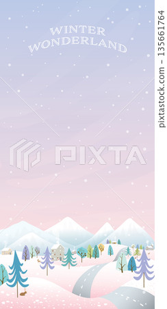 Winter wonderland with vanilla sky and have snowfall vertical vector illustration. Merry Christmas and Happy New Year greeting card template have blank space. 135661764