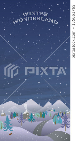 Winter wonderland at night and have snowfall vertical vector illustration. Merry Christmas and Happy New Year greeting card template have blank space. Winter wonderland at night and have snowfall vertical vector illustration. Merry Christmas and Happy New Year greeting card template have blank space. 135661765