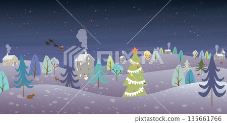 Winter Wonderland in christmas night background childish style vector illustration. Merry Christmas greeting card template. Winter Wonderland in christmas night background childish style vector illustration. Merry Christmas greeting card template. 135661766