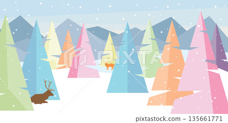Pastel geometric shape as pine forest with reindeer and fox in winter season vector illustration. Merry Christmas and happy new year greeting card template. Pastel geometric shape as pine forest with reindeer and fox in winter season vector illustration. Merry Christmas and happy new year greeting card template. 135661771