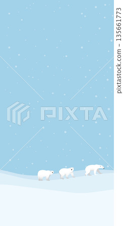 Polar bears family walking on ice have snowfall at North Pole vertical vector illustration. Snow landscape concept with blank space. Polar bears family walking on ice have snowfall at North Pole vertical vector illustration. Snow landscape concept with blank space. 135661773