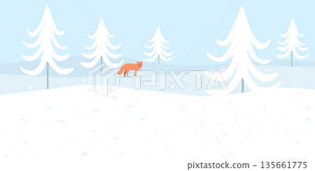 Lonely fox in snowland childish style vector illustration. Snow landscape concept with pine tree have blank space. Lonely fox in snowland childish style vector illustration. Snow landscape concept with pine tree have blank space. 135661775