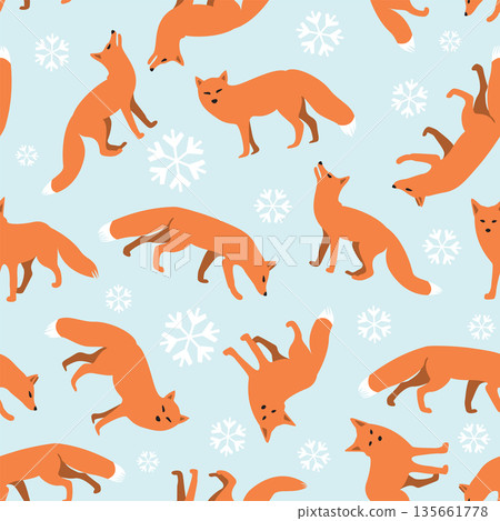 Fox and snowflake seamless pattern with light blue represent an ice background. Winter and christmas concept wrapping paper. 135661778