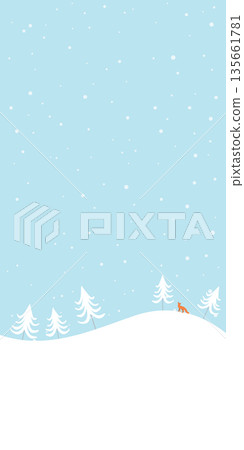 Snow landscape with pine tree and fox childish style vertical vector illustration. Winter Wonderland with snowfall have blank space. 135661781
