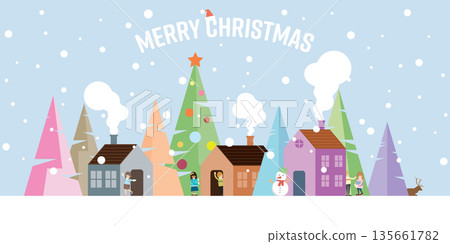 Winter landscape in snowland with people having fun in town geometric shape vector illustration. Merry Christmas and Happy New Year greeting card template. 135661782