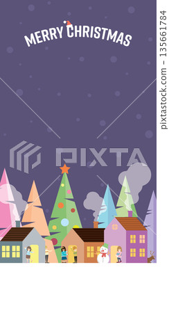 Winter landscape in snowland at night with people having fun in town geometric shape vector illustration. Merry Christmas and Happy New Year greeting card vertical template have blank space. 135661784