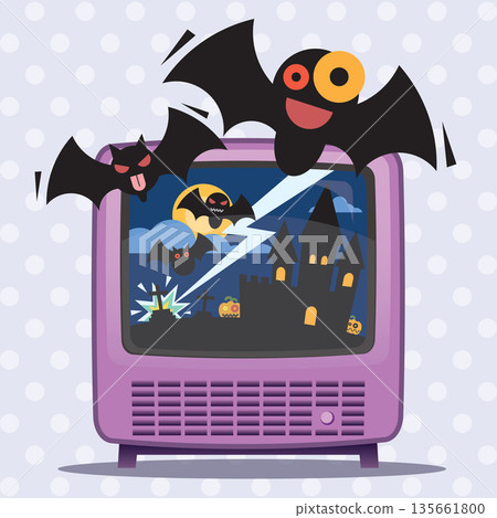 Crazy bats flying out from TV broadcasting flat design vector illustration. Happy Halloween greeting card template. 135661800