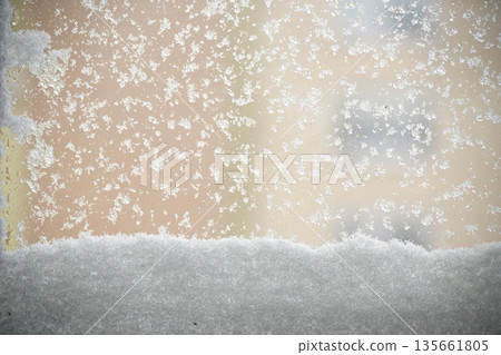 Snowy window with a soft focus background, winter scene Snowy window with a soft focus background, winter scene 135661805
