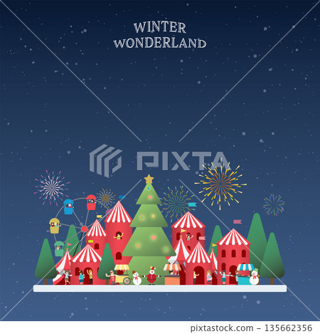 Winter wonderland at night vector illustration have blank space. Merry Christmas and Happy New Year greeting card template. Winter wonderland at night vector illustration have blank space. Merry Christmas and Happy New Year greeting card template. 135662356