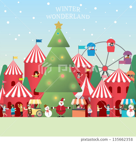 Winter wonderland vector illustration have blank space. Merry Christmas and Happy New Year greeting card template. 135662358