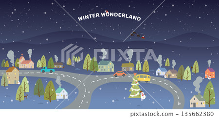Winter Wonderland at night background childish style vector illustration. Merry Christmas greeting card template have blank space. Winter Wonderland at night background childish style vector illustration. Merry Christmas greeting card template have blank space. 135662380