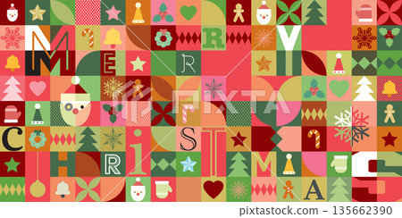 Merry Christmas and colorful Christmas elements in mosaic punchy style vector illustration. 135662390