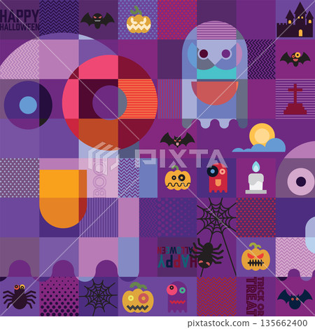 Halloween funny elements in mosaic punchy style vector illustration. Happy Halloween background. 135662400