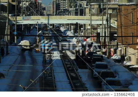 Winter sun and streetcar street Winter sun and streetcar street 135662408