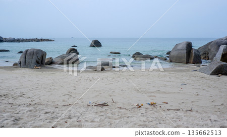 Scenic Granite Boulders on Siangau Beach with a Dog Sitting on the Sand Scenic Granite Boulders on Siangau Beach with a Dog Sitting on the Sand 135662513