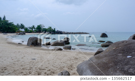 Wide Panorama of Siangau Beach with Granite Stone Formations Wide Panorama of Siangau Beach with Granite Stone Formations 135662517
