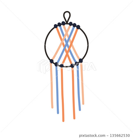 Boho wall hanging with ring, knots and ropes, macrame interior decoration. Flat cartoon vector illustration for home decor themes, handmade lifestyle, icon for craft projects, posters, prints 135662530