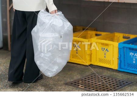 Woman throwing away trash Woman throwing away trash 135662534
