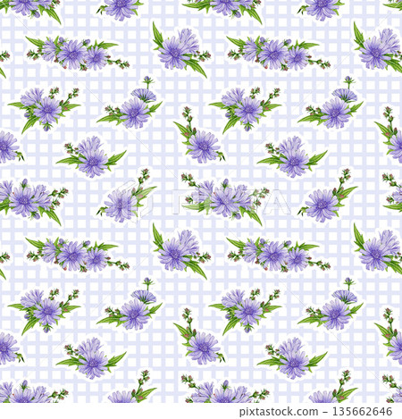 Blooming chicory flowers seamless pattern decoration element watercolor illustration. Hand drawn chicory meadow wildflower summer mood rustic pattern design decor on checkered background 135662646