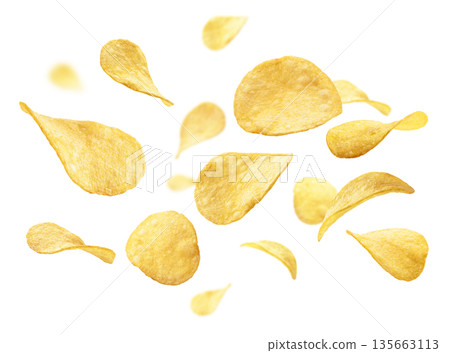 Potato chips levitate on a white background Potato chips levitate on a white background 135663113