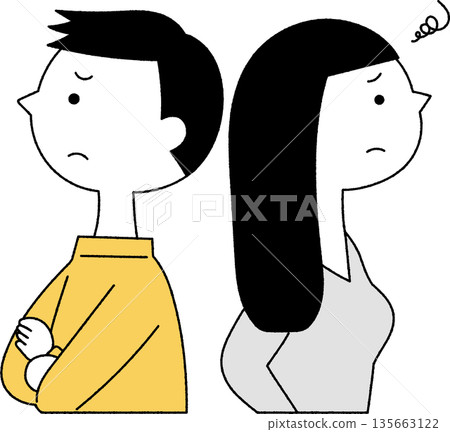 A man and a woman standing back to back with dissatisfied expressions A man and a woman standing back to back with dissatisfied expressions 135663122