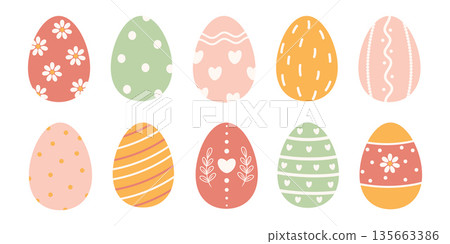 A set of Easter egg clip art. A collection of flat clip art featuring Easter eggs in pastel colors for the traditional Easter egg hunt. Vector flat illustration. 135663386