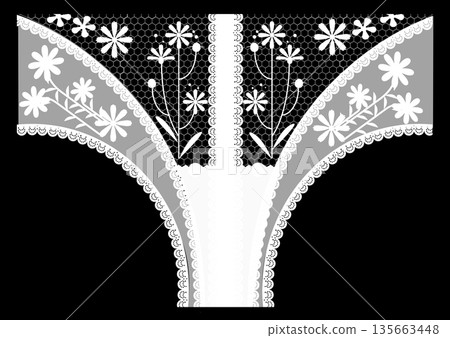 Floral lace embroidery design. Delicate floral pattern vector illustration. Transparent background. 135663448