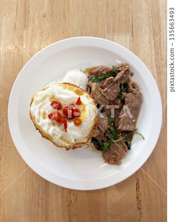 Thai Basil Beef with Rice and Fried Egg (Pad Kaprao) 135663493
