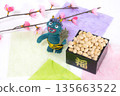 節分背景：藍色惡魔、福豆與梅花 135663522